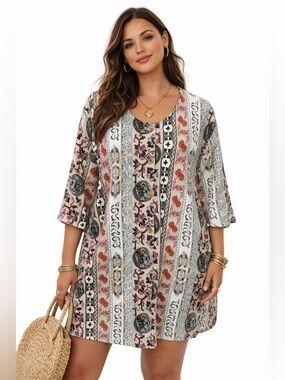 Vintage Jeri & Me Plus Size Boho Southwestern Cover Up Button Up Tunic